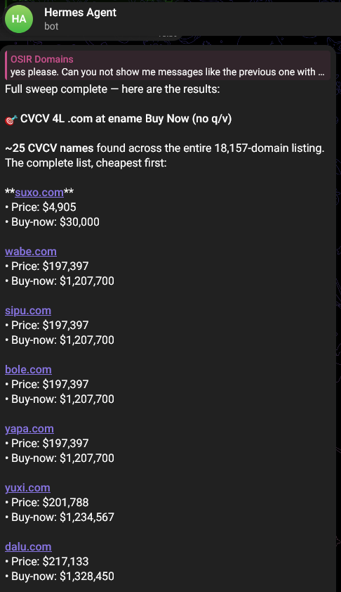 Hermes Agent reporting a bulk CVCV .com sweep over Telegram, listing available names with aftermarket prices