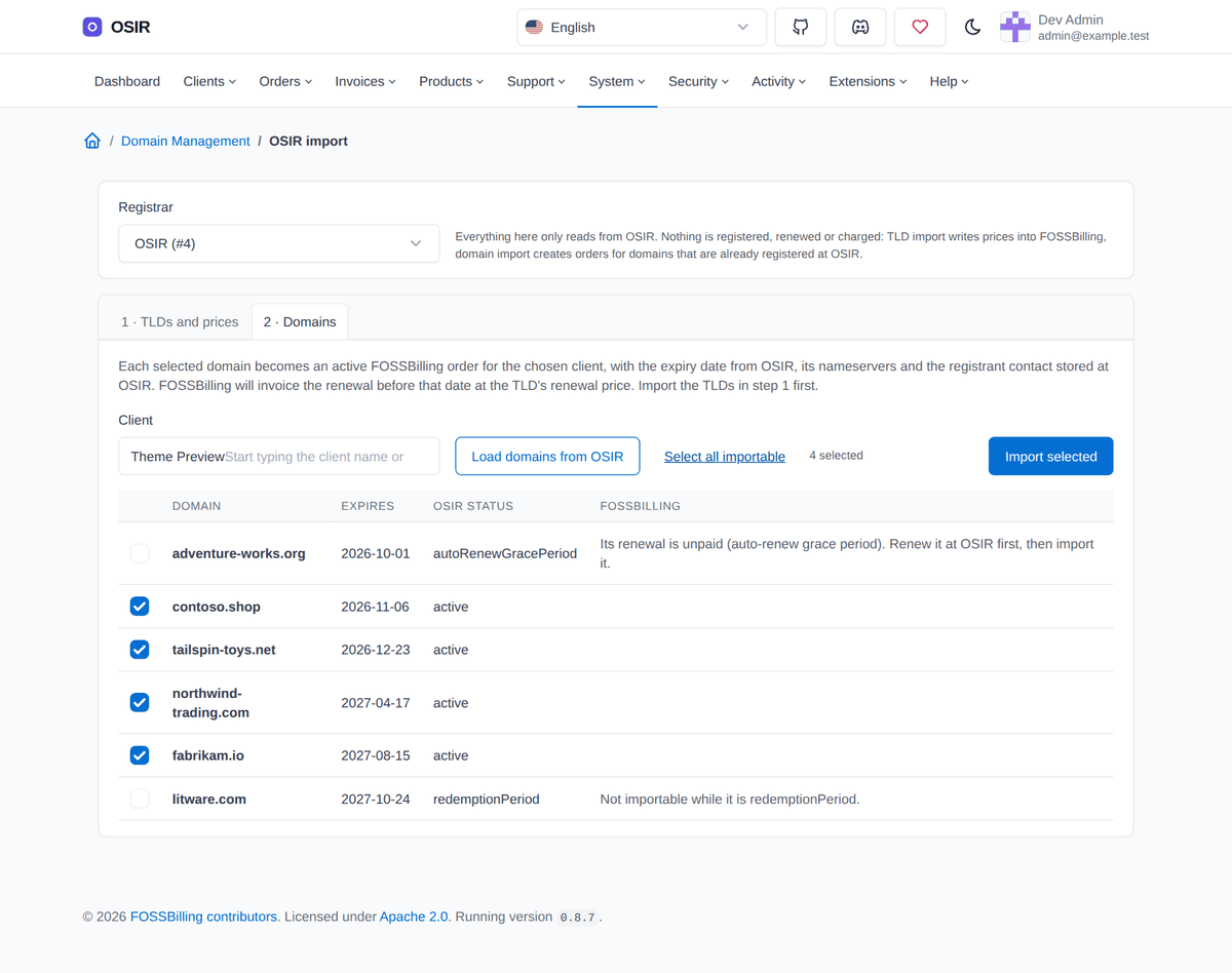 FOSSBilling OSIR import screen listing existing OSIR domains ready to be assigned to customers as orders