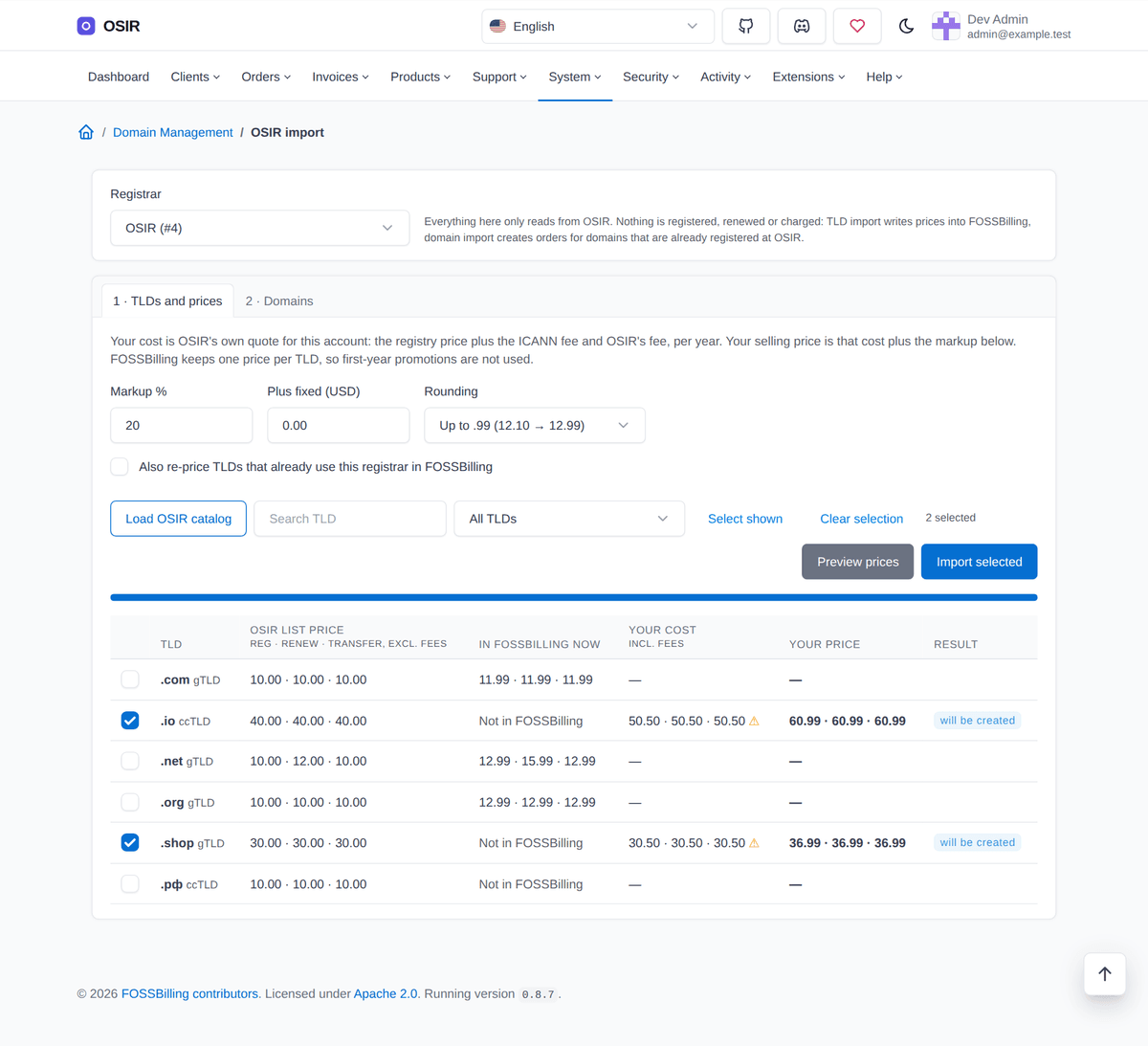 FOSSBilling OSIR import screen showing TLDs with OSIR cost and the reseller selling price side by side before import