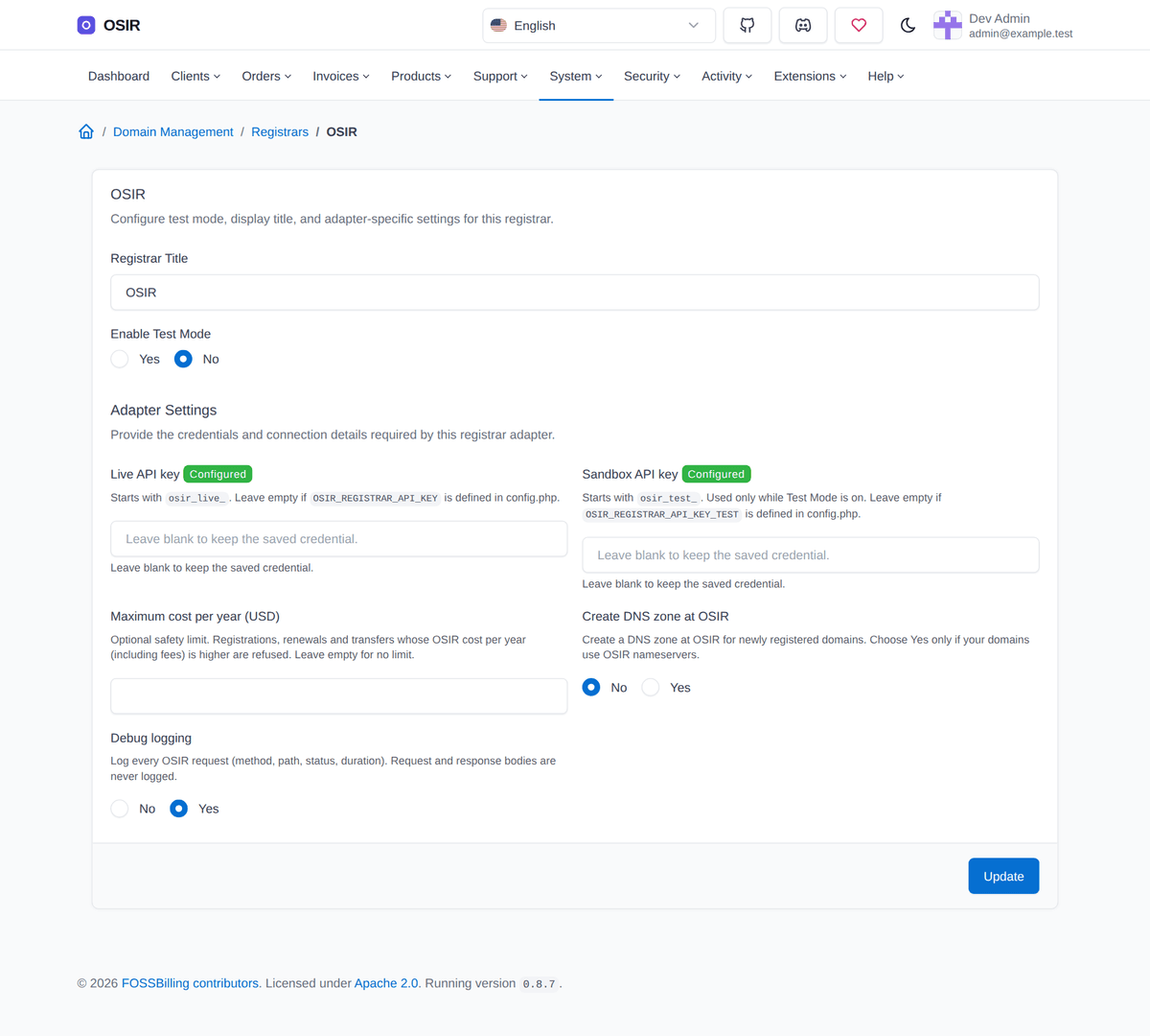 FOSSBilling registrar settings for the Osir adapter, with the API key field masked