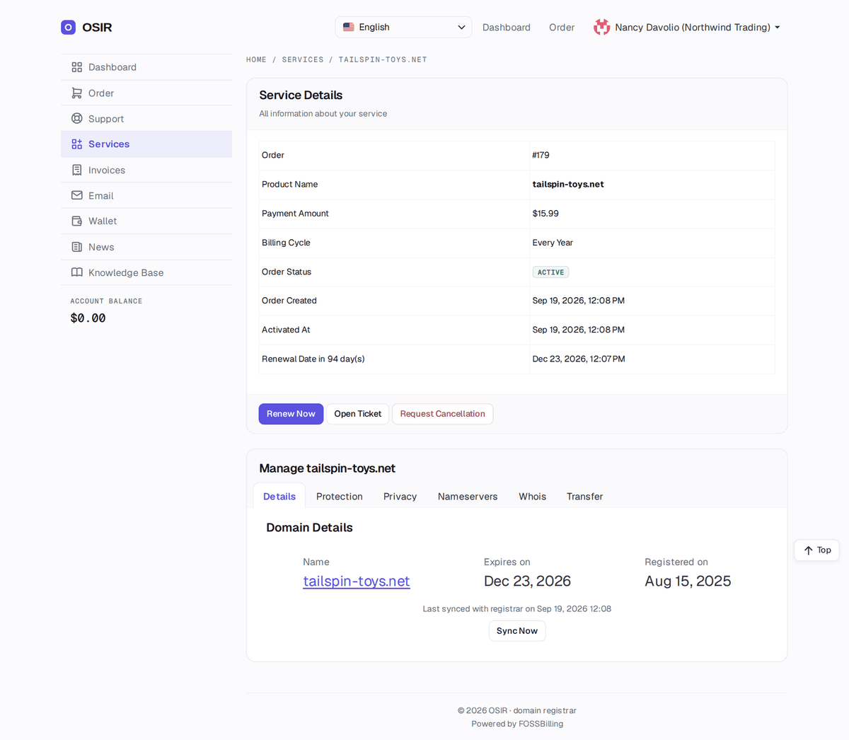 Customer view of a single domain in FOSSBilling, showing nameservers, contacts, transfer lock and WHOIS privacy