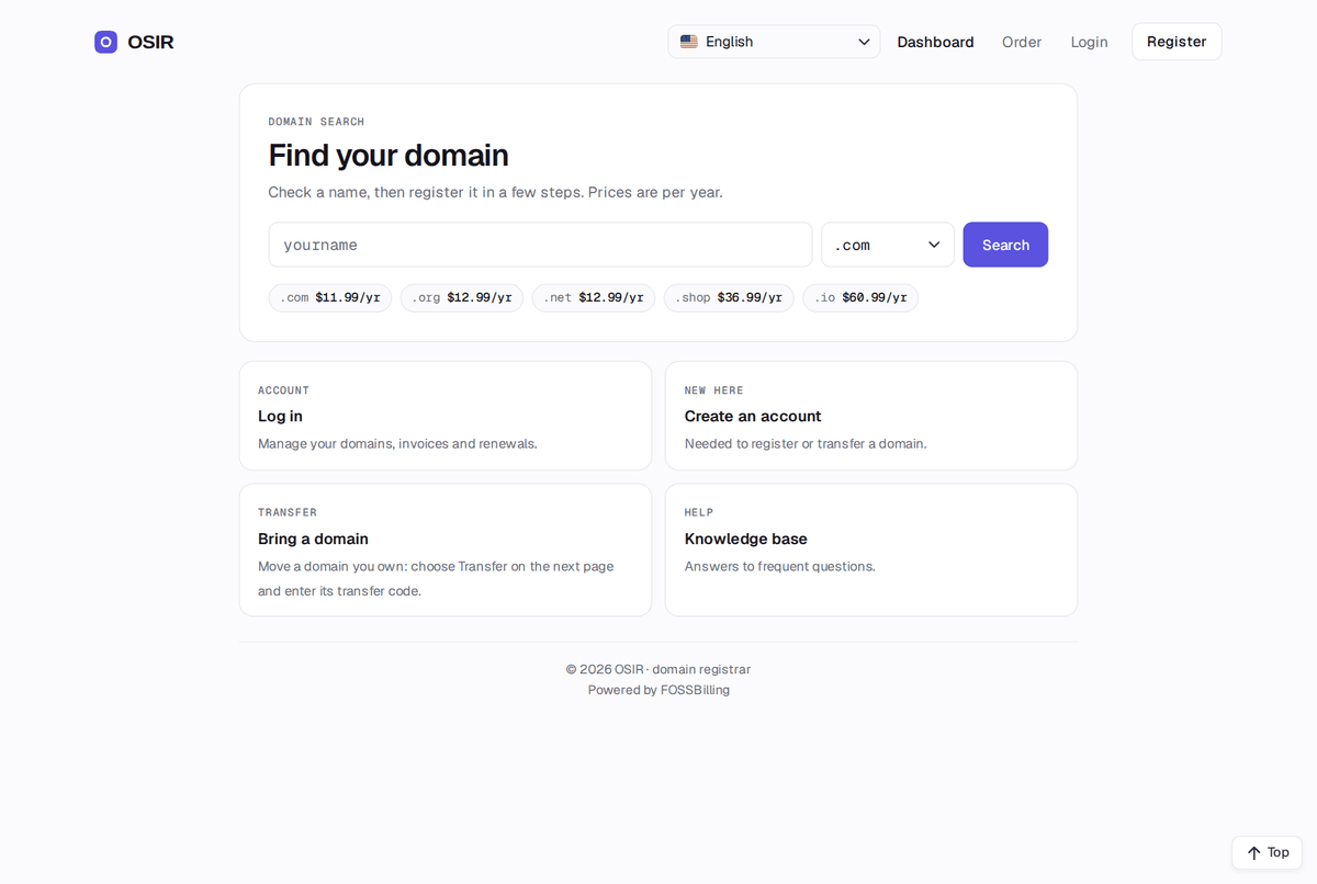 FOSSBilling storefront home page using the optional OSIR theme, with a domain search box above the fold